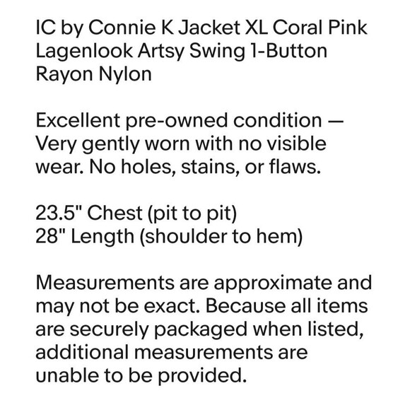IC by Connie K Jacket XL Coral Pink Lagenlook Artsy Swing 1-Button Rayon Nylon - Picture 2 of 10